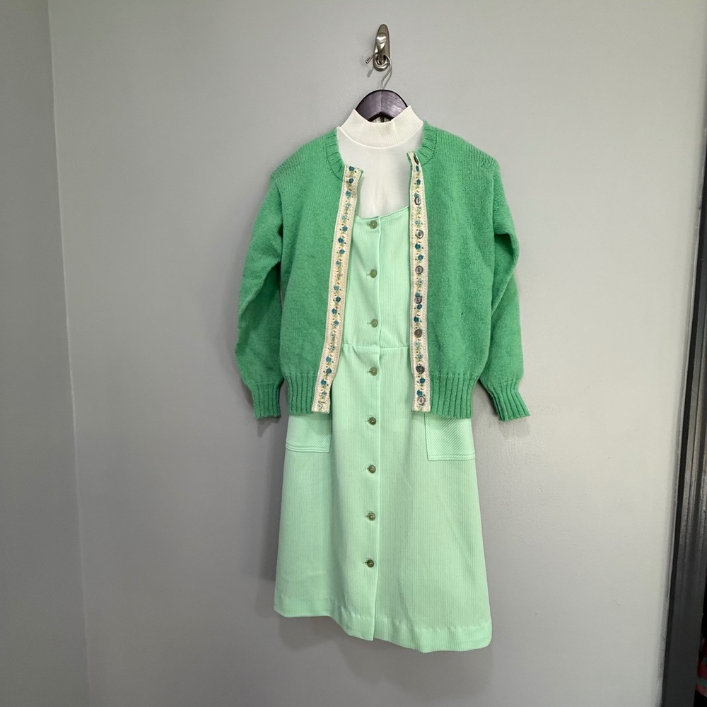 Vintage 70s Mint Green‎ Knit Dress and Cardigan Set Mod Style Size 9/10